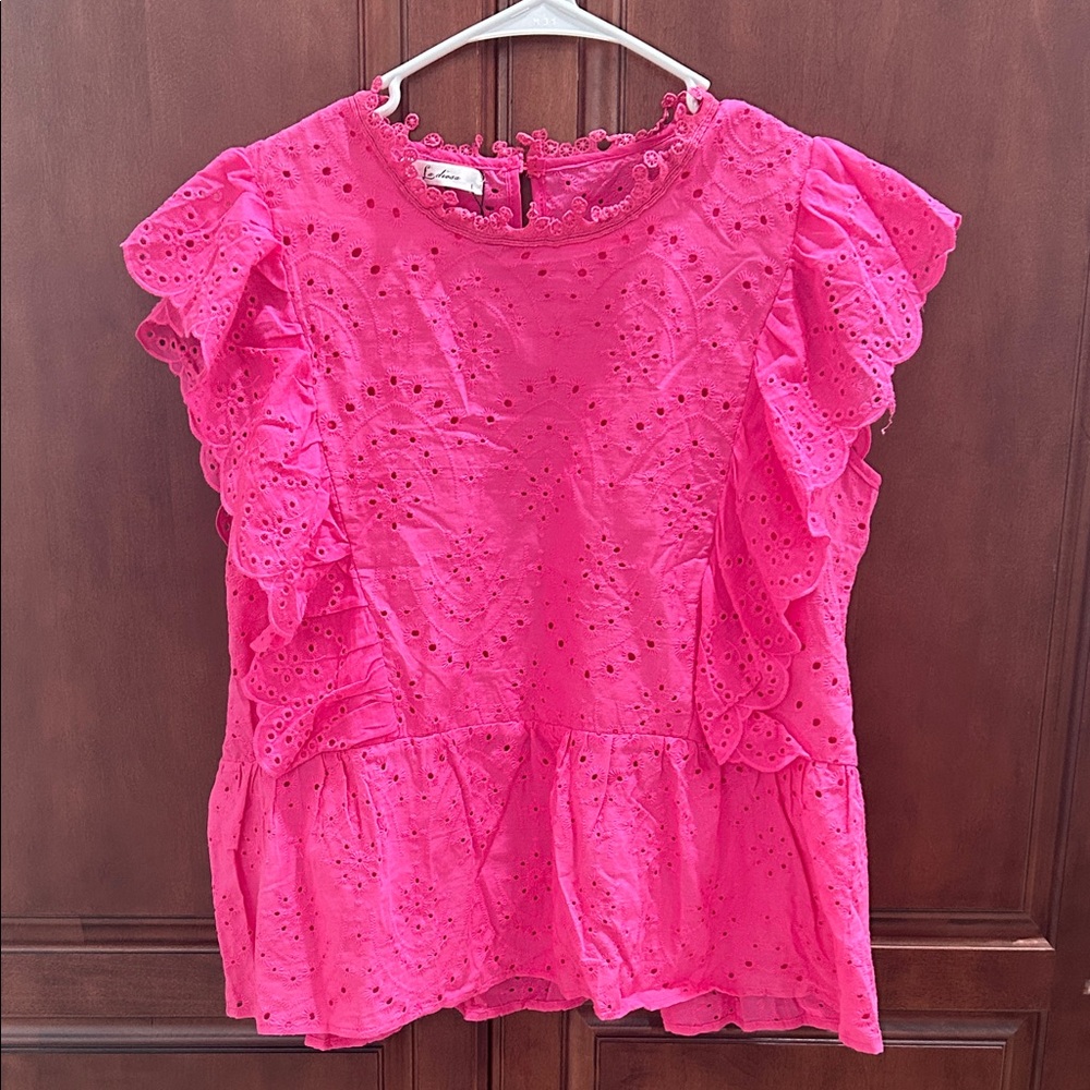 Elegant Pink Eyelet Ruffle Blouse